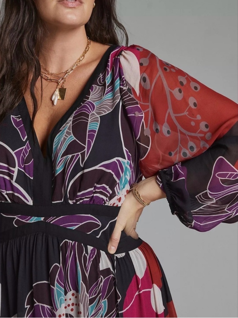 Anthropologie Black Floral Maxi Dress with Purple & Red Accents - Picture 3 of 7